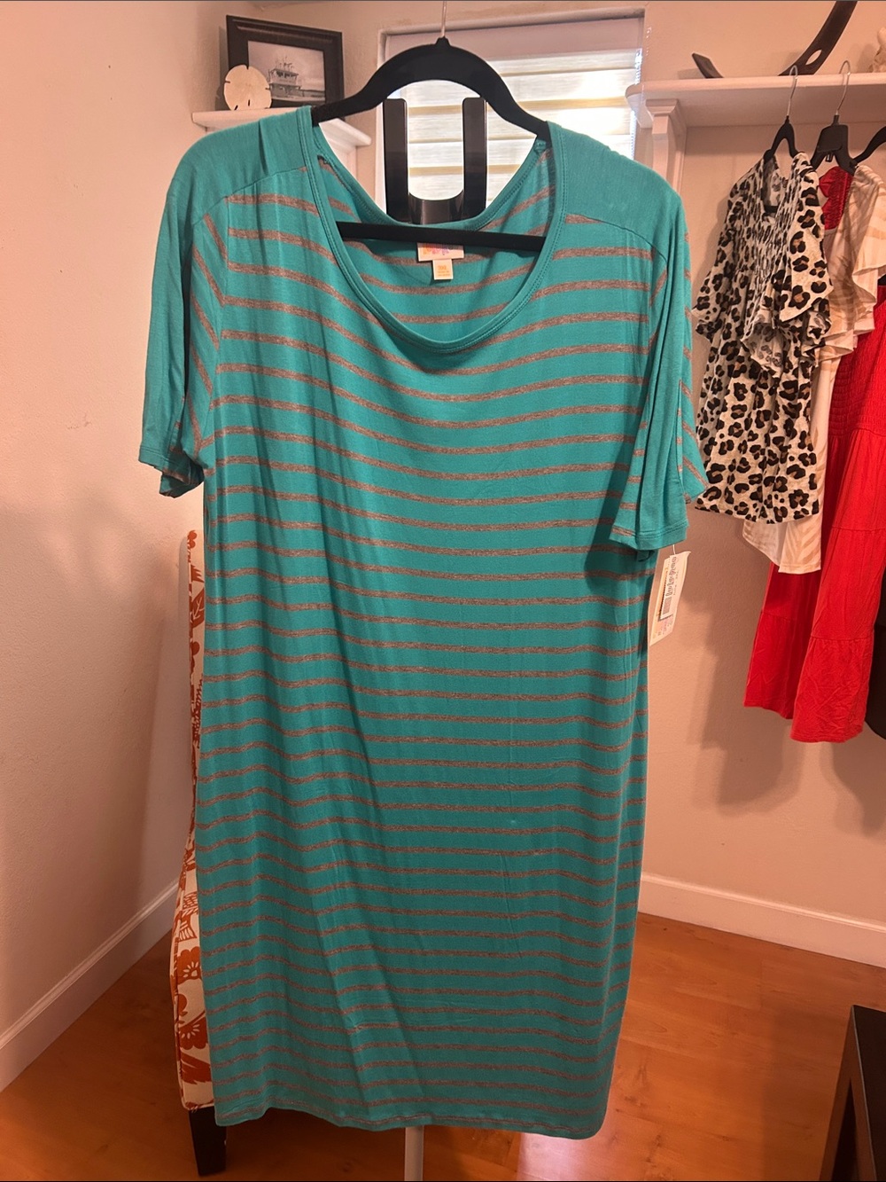 LuLaRoe Julia Teal with Heathered Gray Stripes Midi Dress